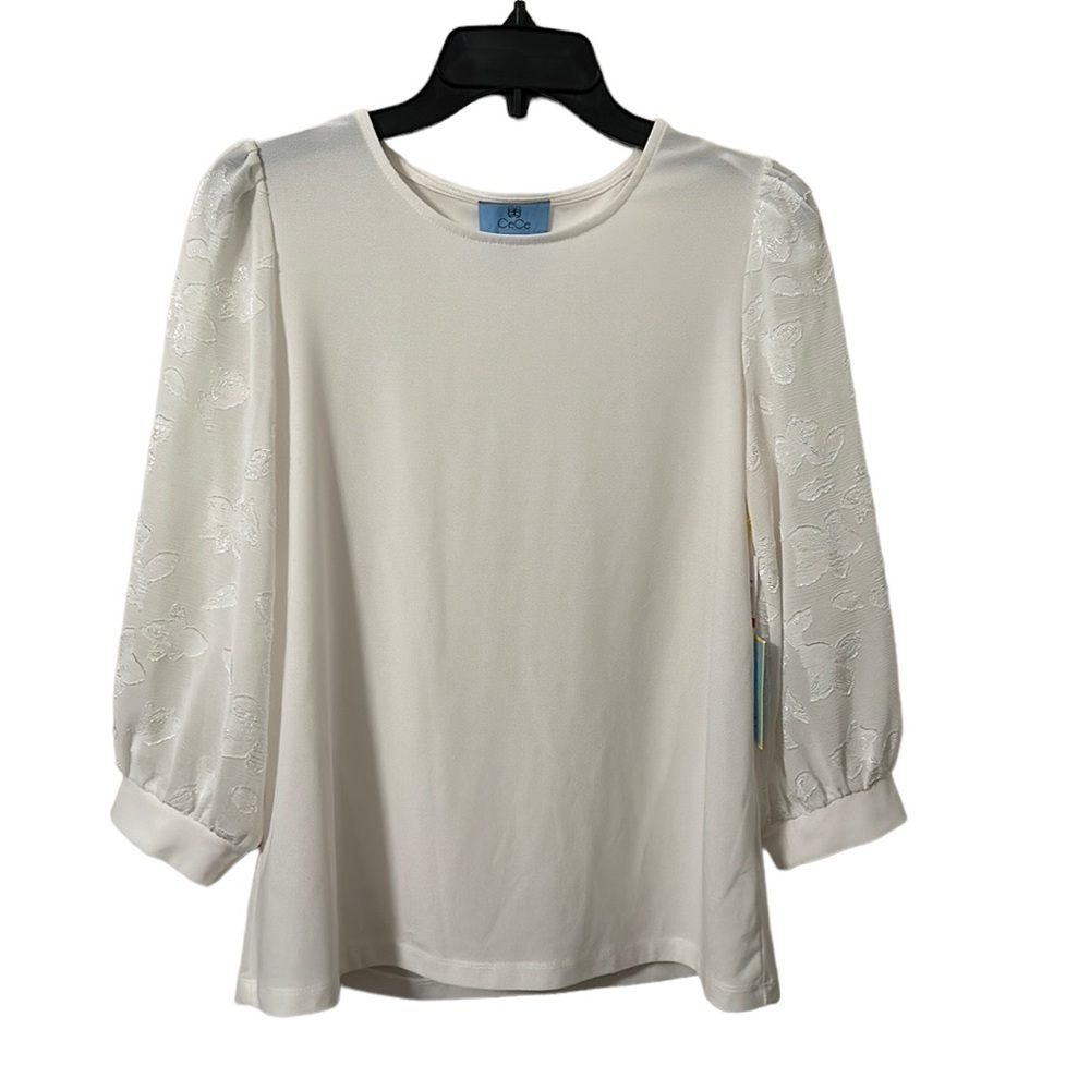 CeCe Women’s White‎ Floral Detail Puff Sleeve Top Size XS